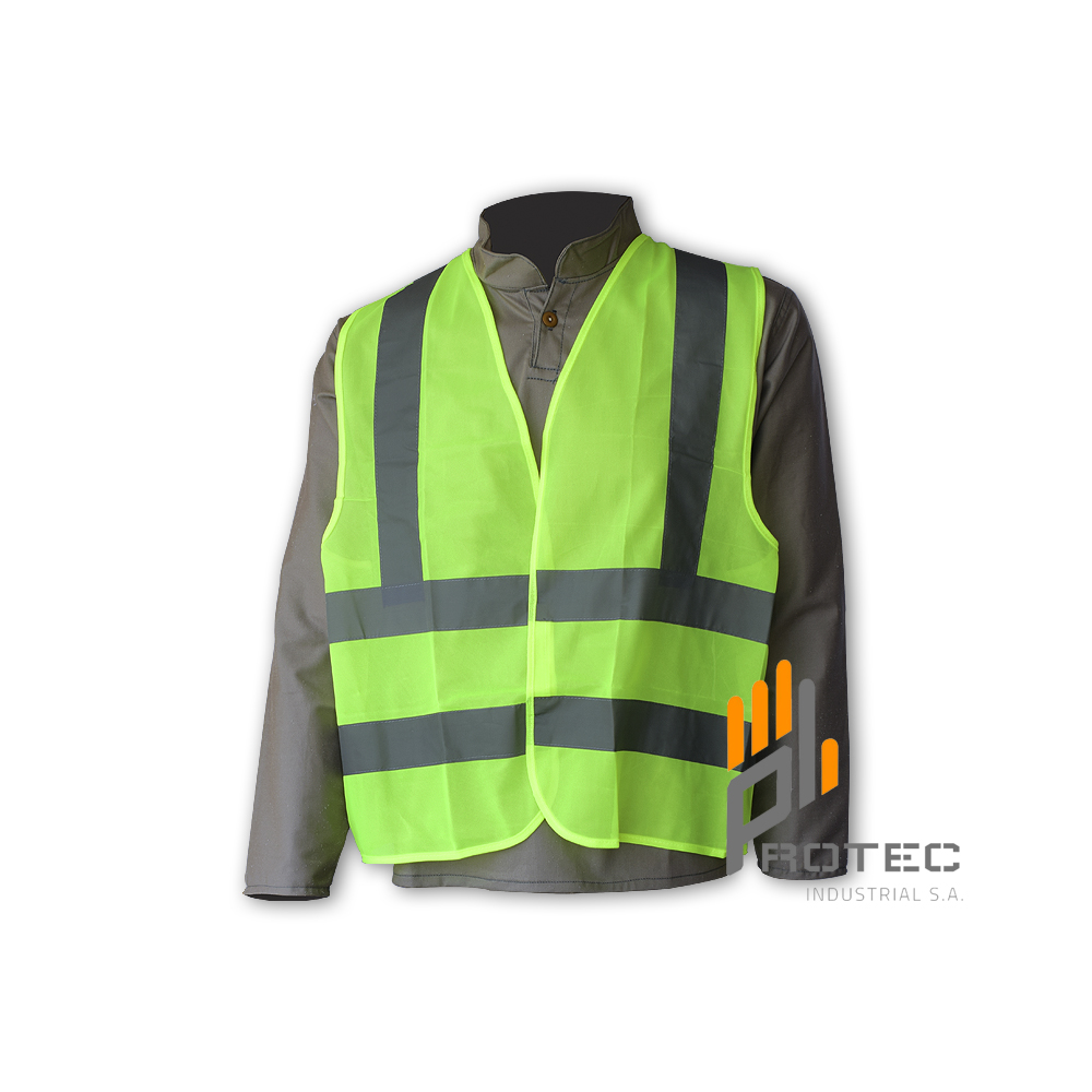018-013 – Chaleco importado tela verde cinta reflectiva 2″ Protec Industrial